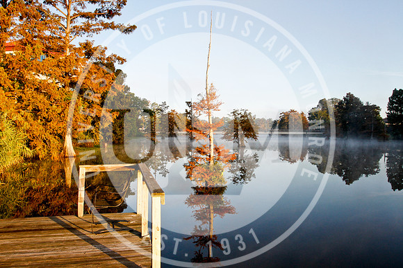 ULM Library, Alumni Center and Bayou in the Morning