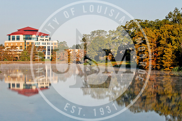 ULM Library, Alumni Center and Bayou in the Morning